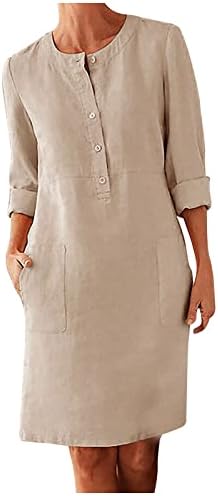 Vestido de linho de algodão feminino manga longa manga midi comprimento para baixo vestidos de camisa com bolsos