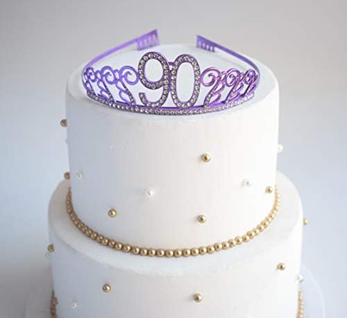 90º aniversário Tiara roxa e faixas de cetim de cetim e cristal shinestone tiara coroa para feliz 90º aniversário de festas de aniversário favores decorações de 90º bolo de aniversário acessórios para festas