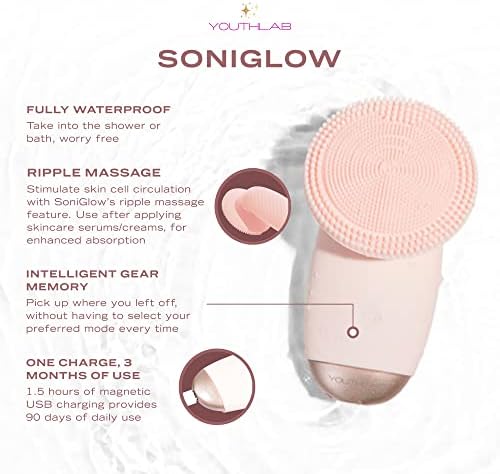 Youthlab Soniglow, rosa, escova de limpeza da pele facial de silicone, elétrica, vibração, lavador, higiênica, esfoliação, massagem, firme, tom, cravos, poros, impermeável, recarregável, remoção de maquiagem