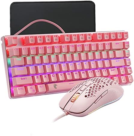 60% de teclado mecânico rosa e mouse de jogos, teclado de arco -íris com barra de mouse