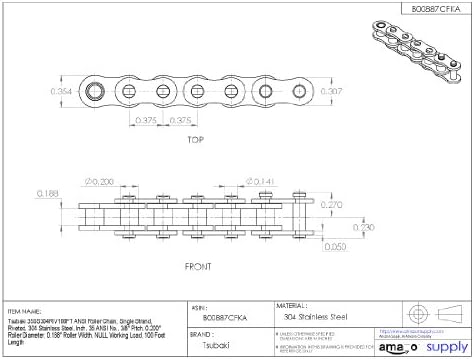 Tsubaki 35SSR100 ANSI Corrente de rolos, fita única, fascinada, 304 aço inoxidável, #35 ANSI No., pitch de 3/8 , diâmetro do rolo de 0,200, largura de rolo de 0,188 , carga de trabalho nula, 100 pés de comprimento de 100 pés