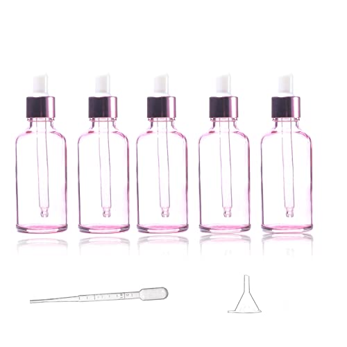 5pack, 1,7 oz de garrafas de conta-gotas com 1 funil e 1 gotas de gotas, garrafa de gotas de vidro rosa para óleos essenciais com gotas de colírio, recipiente de frasco de perfume de tampas de ouro rosa, garrafas de viagem à prova de vazamento para líquidos