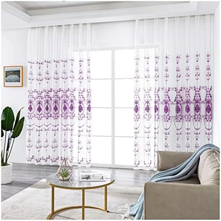 Daesar 2 painéis cortinas semi -pura para sala de estar, cortinas de ilhós de voile linho bordado roxo bordado vintage Flores de janela