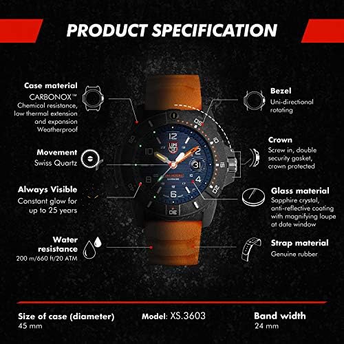 LUMINOX Navy Seal Xs.3603 Relógio de homens 45mm - Relógio de mergulho na Função de Data Laranja/Azul 200m Resistente à Água