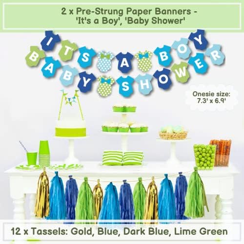 Decorações do chá de bebê para kit de menino | Menino Conjunto de decorações do chá de bebê | É um banner de garoto, lanternas de papel, favos de mel, fãs de papel de seda, borlas, balões | Brancos verdes de ouro azul | Monster Inc Party | Salfari Jungle