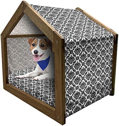 Lunarable Damask Wooden Pet House, padrão de damasco Monocrômico clássico clássico europeu estilo veneziano Flourishes