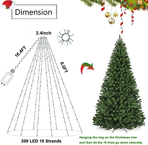 Luzes de árvore de Natal, 6,6 pés 10 fios Luzes de Natal ao ar livre 8 Modos, 200 conectados à prova d'água Twinkle