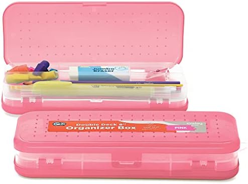 Caixa de lápis de enday rosa, capa de lápis de plástico com deck duplo com 5 compartimentos, organizador de armazenamento de caixa