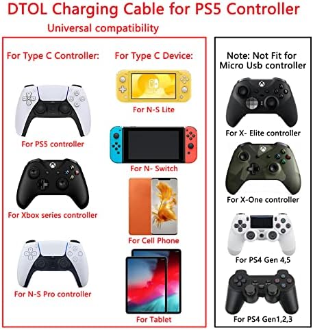 Cabo de carregamento de carregador DTOL para controlador PS5, série Xbox X, Xbox Series S Controlador, substituição USB C Cord Nylon Acessórios de portas tipo C Tipo C para Nintendo Switch 2 Pack 10 pés Branco