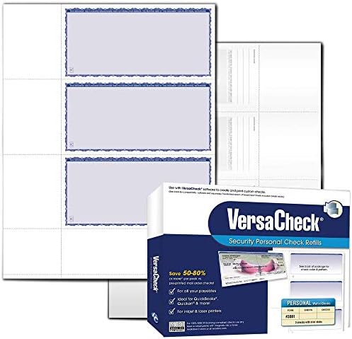 Verificações de verificações seguras de versacheck - 750 negócios em branco ou carteira pessoal - Premium azul - 250 folhas Formulário #3001 - 3 por folha