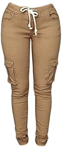 Andongnywell Women Fashion calças casuais Multi Pockets Cargos Joggers Ladies Ginásio calças de cordas de ginástica longa