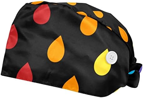2 pacotes chapéu de trabalho ajustável com botões, gotículas coloridas Cirurgião preto Caps Fita de moletom, tampas de lavagem