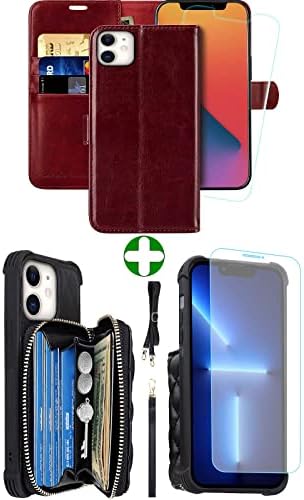 Monasay Zipper Cartet Case para iPhone 11, [Protetor de tela de vidro] [bloqueio de RFID] Tampa do telefone da bolsa