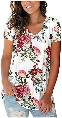 Tops de manga curta para mulheres camisetas de verão casuais Bloups de pescoço de pescoço Moda Túps de túnica de estampa floral para mulheres