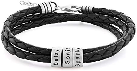 Myka - pulseira ajustável de couro preto ou marrom personalizado com contas gravadas para mulheres, ela, mãe, namorada - 925 prata