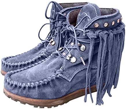 Botas de plataforma feminina Fashion Fringe Lace Up Low Heel Redonda de dedo do dedo do pé Torno