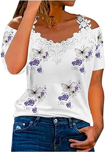 Campa superior para as mulheres cair no verão fora do ombro 2023 Roupas modernas de manga curta V Camiseta de algodão de