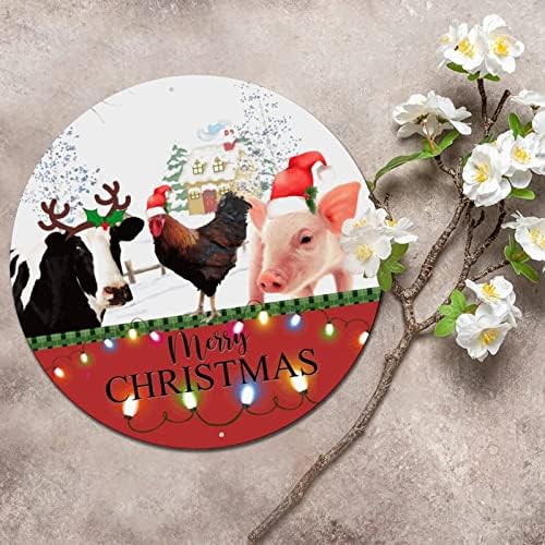 Placa de metal redonda Placa Feliz Natal Função de fazenda Animais de fazenda decorativa Placa de parede de parede Vintage