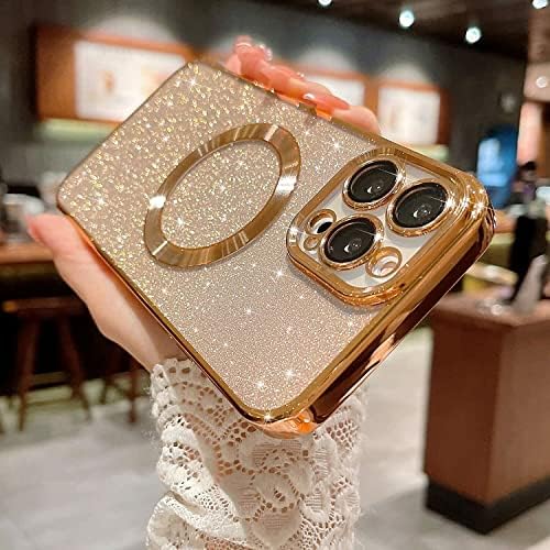 Caso magnético do Anowner para iPhone 14 Pro Glitter Case, Luxo Bling fofo com protetor de lente de câmera, compatível