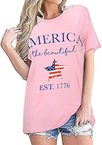 Camisas de compressão de manga comprida feminino Mulheres blush tops Independence Day Round pescoço de camiseta elegante