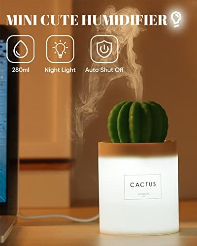 Umidificadores de cactos de Onuemp com luz noturna, mini umidificador de névoa legal 280ml USB portátil difusor de ar, desligamento