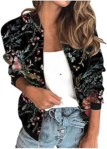 Jaqueta de zíper de primavera feminina vínculo vil de algodão de pescoço Florals confortáveis ​​de manga cheia de luva cheia
