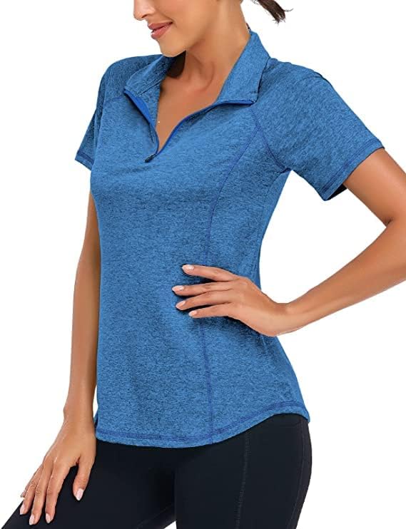 Zamowoty feminina de manga curta camisas de golfe 1/4 zip up ioga solta running tops tops