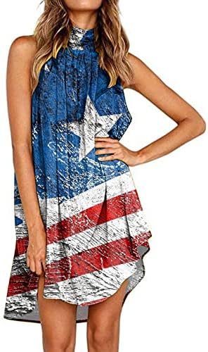 EUA 4 de julho Vestidos de verão para mulheres praia bandeira americana impressão casual Crew pesco