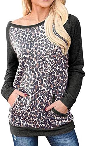 Sorto feminino - Casual Leopard Print Crewneck de manga longa de túnica de túnica de túnica de túnica de tamanho grande de grandes dimensões com bolso