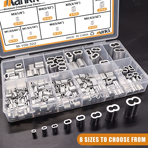 Mankk 1/16 Kit de corda de aço inoxidável Kit de cabo de cabo de cabo pesado e 322 PCs Manga de alumínio de alumínio 8 tamanhos de 8 tamanhos