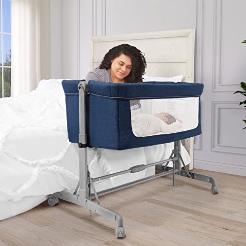 Sonhe em mim zimal bassinet e dorminhoco de cabeceira em azul escuro, leve e portátil bassinet de bebê, painéis