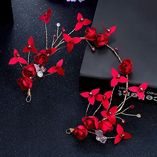 Sjydq requintado Tiara de flor de rosa vermelha e brincos de borla Brincos chineses Cabelos de casamento chineses Bandas de cabeça