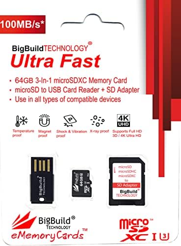 Tecnologia BigBuild 64 GB Ultra Fast 100MB/S U3 MicrosDXC Card para Xiaomi Redmi 8/8a/8a Pro, 10/10 Prime, 10x/10x Pro, telefone celular