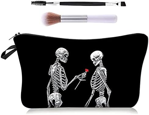 Bolsa de maquiagem com zíper do crânio Bolsa de cosméticos preto de Halloween pequena para mulheres, meninas, Valentines Aniversário