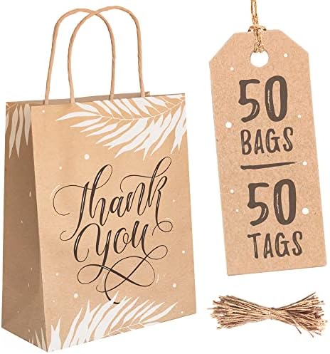 50 Pacote de agradecimento sacos de presente com 50 tags, sacolas de agradecimento com alças, bolsa de obrigado, obrigado,