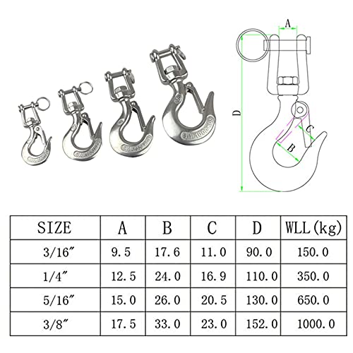 Kyunrain Bro 2pcs gancho de deslizamento de 3/16 polegadas, 304 gancho de deslizamento de aço inoxidável, gancho de levantamento