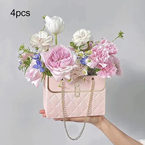 Caixa de presente Predolo 4PCS Bouquet Caixa de embalagem da bolsa de flores com alça portátil decorativo para a loja de flores de casamento do Dia dos Namorados, rosa