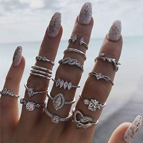 Ludress vintage anéis de cristal define shinestone knuckle rings prateado coração anéis articulações do festival anéis de dedo jóias para mulheres e meninas