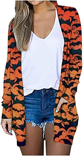Mulheres longas Cardigan Halloween Impressão aberta camisa dianteira Kimono Shawl Mangas compridas Tops de blusa de casaco casual leve