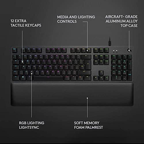 Logitech G513 Carbono RGB Backlit Backlit Keyboard Mechanical Gaming com GX Blue Clicky Chaves Switches LightSync Technology Memory Foam Comfort