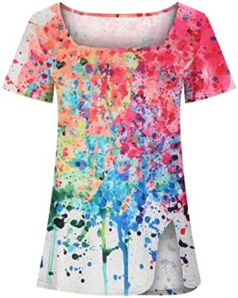 Mulheres, decote em coração, blusa de decote em camisola gradiente curto gradiente colorblock flor Flor Print Slim Slit Blouse