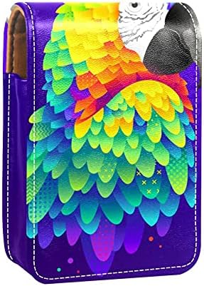 Caso de batom pequeno de papagaio colorido com espelho para bolsa, suporte de maquiagem cosmética de couro durável, kit de