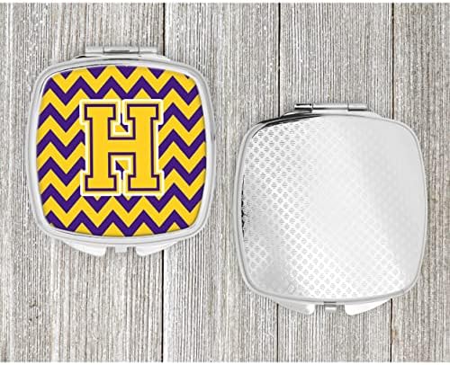 Tesouros de Caroline CJ1041-HSCM Letra H Chevron Purple e Gold Compact espelho, espelho de maquiagem de viagem decorativa para mulheres