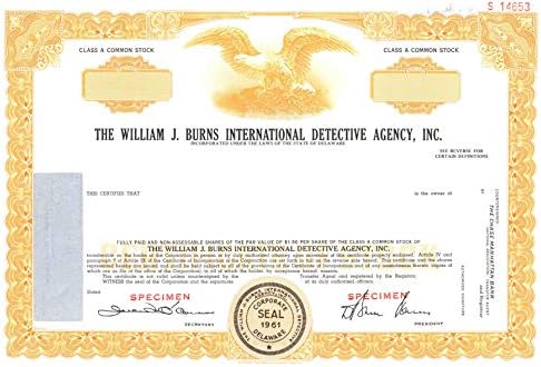 William J. Burns International Detective Agency, Inc. - Certificado de ações da amostra