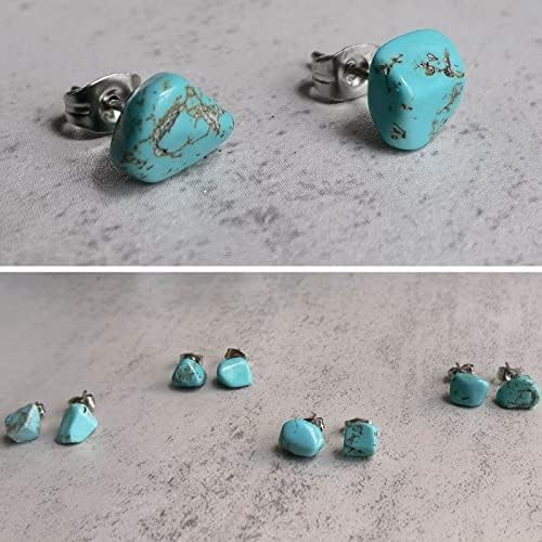 Brincos de cravo turquesa para mulheres, tibetanos pequenos brincos de pedra preciosa azul crus com pântano de aço inoxidável