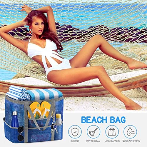 Bolsa de praia de malha ayieyill para mulheres, nadar dobrável grande bolsa de praia com zíper bolsos à prova de areia à prova d'água
