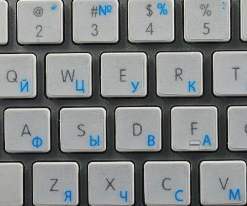 Etiquetas russas de teclado de maçã cirílica com letras azuis sobre fundo transparente para desktop, laptop e caderno
