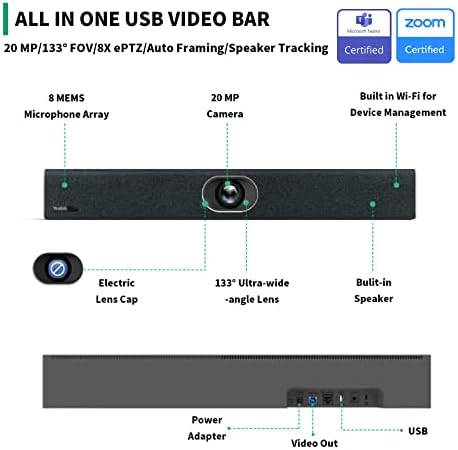 Yealink UVC40 4K 60FPS Câmera de videoconferência USB, equipes com zoom, 133 ° webcam de ampla angular com 8 microfones e alto -falantes, sistema de áudio e videoconferência para salas pequenas e de luta