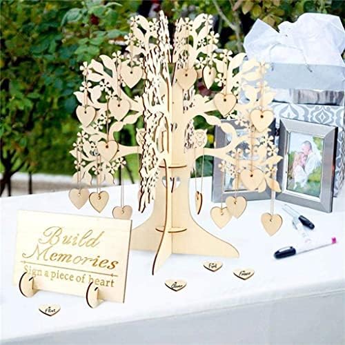 XJJZS 100pcs corações de casamento personalizado livro de convidados Tree Wooden Hearts Pingente Box Box Ornamentos de convidado Livro de casamento Decoração de festa de casamento