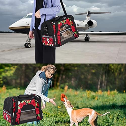 Portador de animais de estimação, transportadora de viagem de animais de estimação para cães de cães, padrão de crânio de rosa vermelha, padrão de crânio